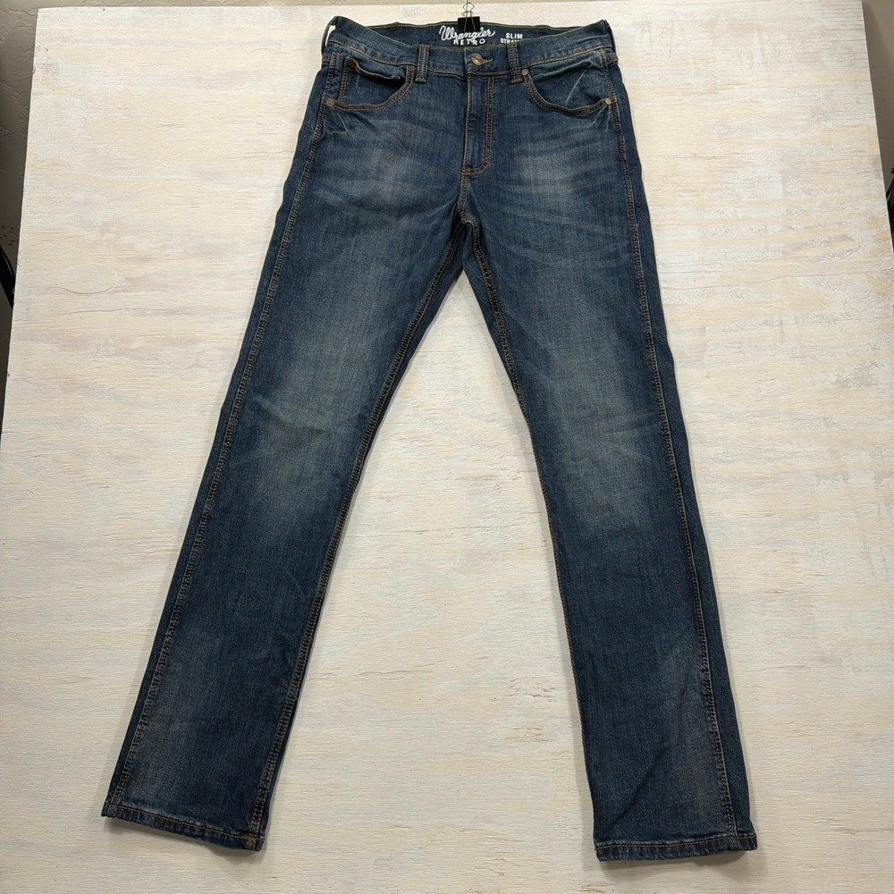 Wrangler Jeans Retro 31x34 Slim Straight Medium Wash Denim Blue Mens